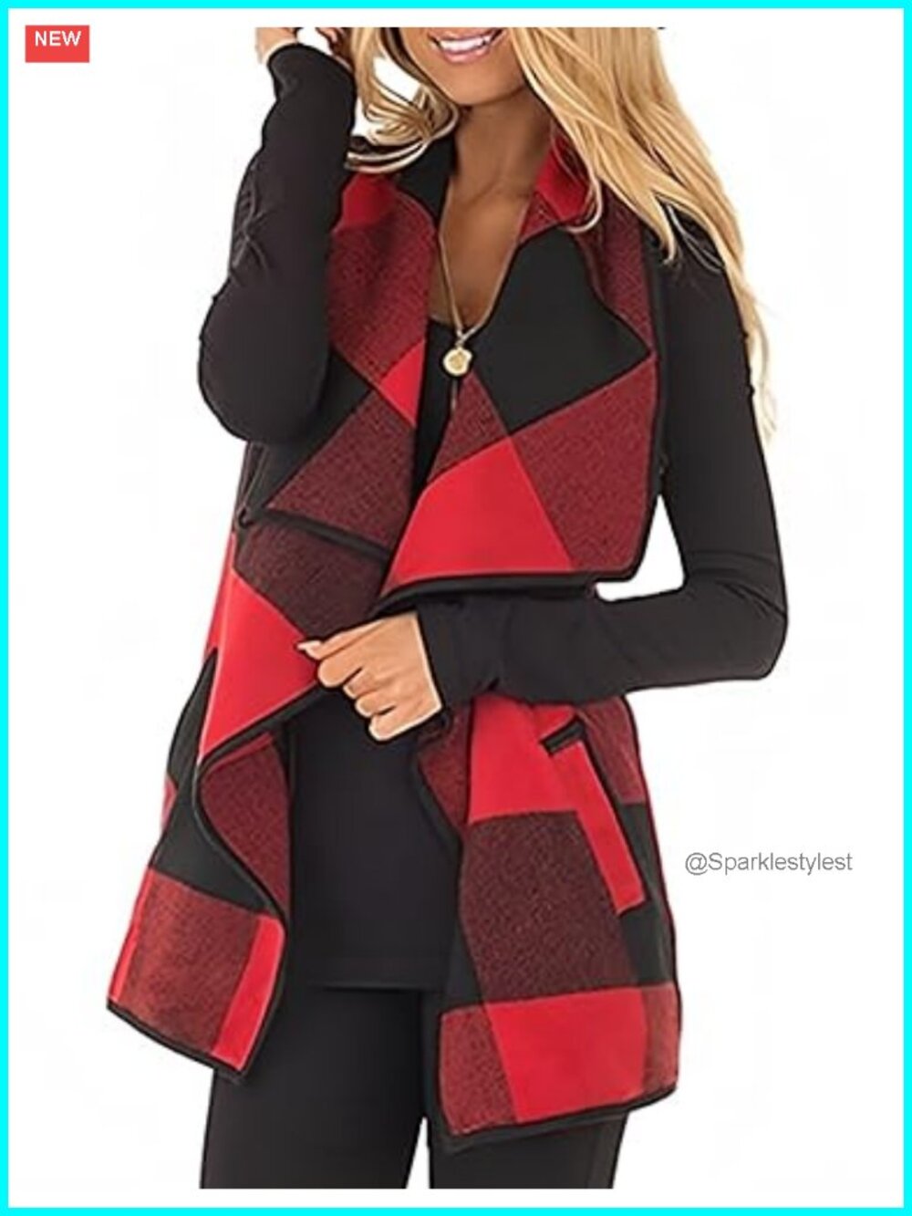 Womens Buffalo Plaid Vest Open Front Sleeveless Cardigan Jacket with Pockets